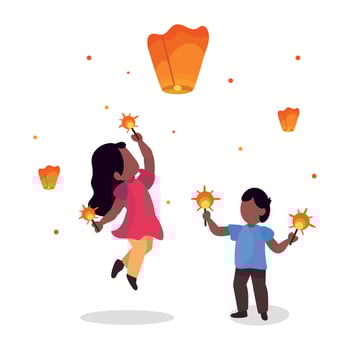 Two children are holding up a paper lantern vector