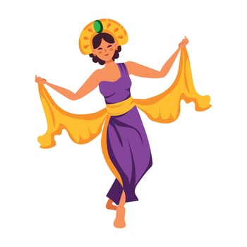 A woman in a purple dress dancing with a yellow scarf vector