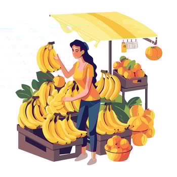 A woman is standing in front of a stand with bananas vector