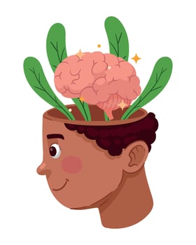 A cartoon man with a brain and plants growing out of it vector
