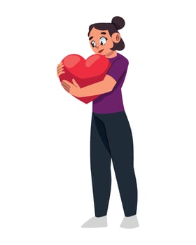 Woman holding a heart, cartoon illustration vector