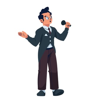 A cartoon man in a suit holding a microphone vector