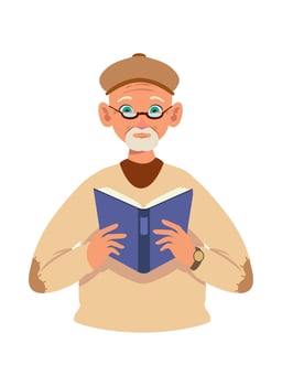 An old man with glasses and a hat is reading a book vector