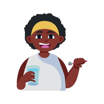 An illustration of a black woman holding a toothbrush and drinking water vector