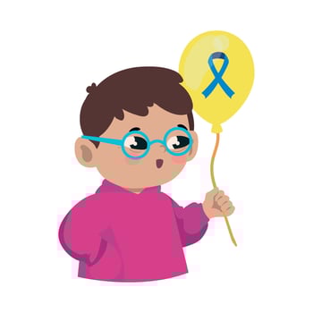 A boy with glasses holding a balloon with a blue ribbon vector