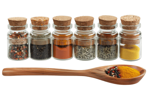 Spices in Glass Jars with Wooden Spoon png