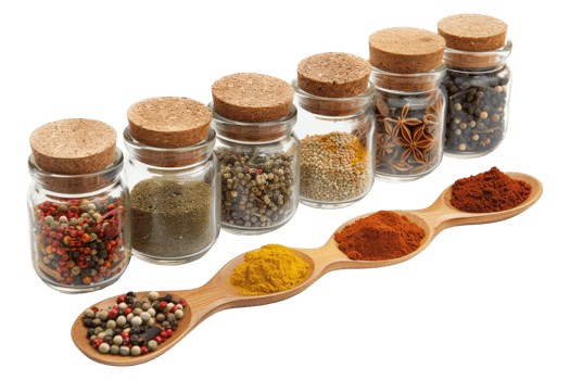 Assortment of spices in jars and spoons png