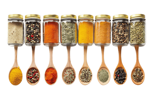Assortment of Spices in Glass Jars with Wooden Spoons png