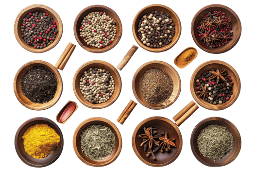 Assortment of Spices in Wooden Bowls png