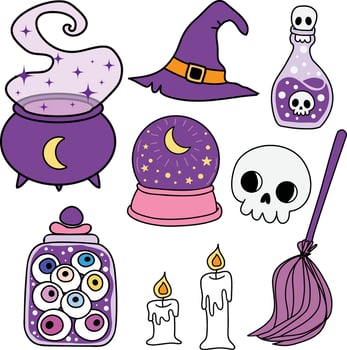 Witchy Clipart Set with Cauldron, Witch Hat, Crystal Ball, Skull, Broom, Potion, Eyeballs, Candles - Purple and Pink Halloween Elements for Spooky Design and Craft Projects vector