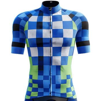 a blue and green cycling jersey with a checkered pattern png