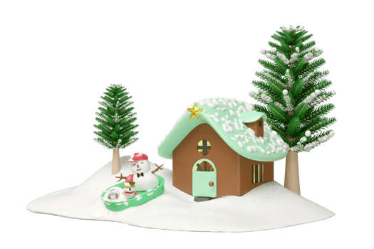 3d snowman and cute monster friends in bucket with house, christmas tree isolated. merry christmas and happy new year, 3d render illustration png