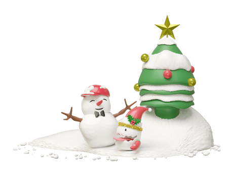 3d snowman and cute monster friends on snow hill with christmas tree isolated. merry christmas and happy new year, 3d render illustration png