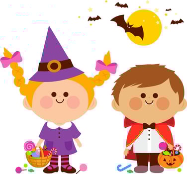 Happy children, girl and a boy in Halloween costumes, playing trick or treat. Witch costume girl and vampire costume boy at a Halloween party with sweets. vector