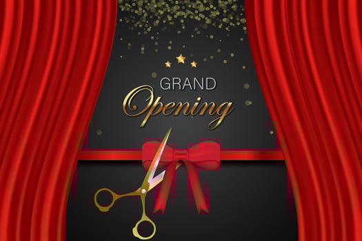 grand opening banner, curtain design elements, ribbons, scissors. vector