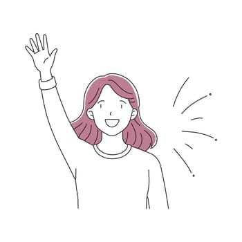 Woman enthusiastically waves her hand up and down, expressing joy and engagement in her surroundings doodle continuous line art illustration vector