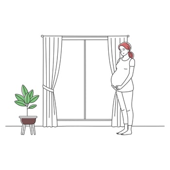 Young beautiful pregnant woman standing near window at home. doodle continuous line art illustration vector