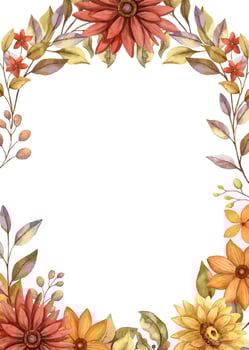 Fall flower vertical frame with watercolor red and orange bloom and twig of leaves. Hand drawn floral edged template in rustic style. Perfect for autumn botanical invitation and card designs. vector