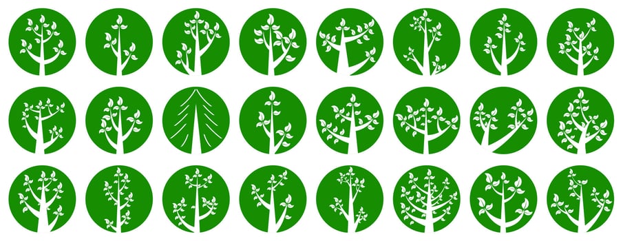 Collection of illustrations of trees. White trees in green circles. Wood for every taste. Abstraction of trees with leaves. vector