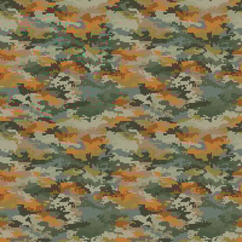 Military pixelated camouflage seamless pattern. Modern hunting camo pattern, green and orange colors vector
