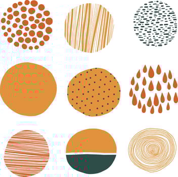 Set of round abstract colorful backgrounds and patterns. Autumn colors, green. Hand drawn drawings. Spots, drops, bends, lines, finishing touches. Posters, social media icon templates vector