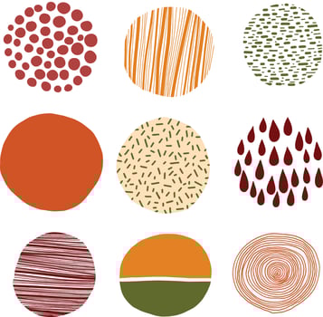 Set of round abstract colorful backgrounds and patterns. Autumn colors, green and orange design elements. Hand drawn drawings. Spots, drops, bends, lines. Posters, social media icon templates vector