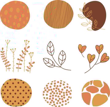 Set of round abstract colorful backgrounds or patterns. Autumn colors, orange, yellow and brown. Hand drawn drawings. Spots, drops, bends, lines. Modern fashion illustration. vector