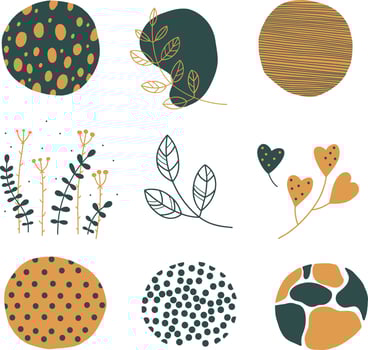 Set of round abstract colorful backgrounds or patterns. Autumn colors, green, orange and yellow. Hand drawn drawings. Spots, drops, bends, lines. Modern fashion illustration. vector