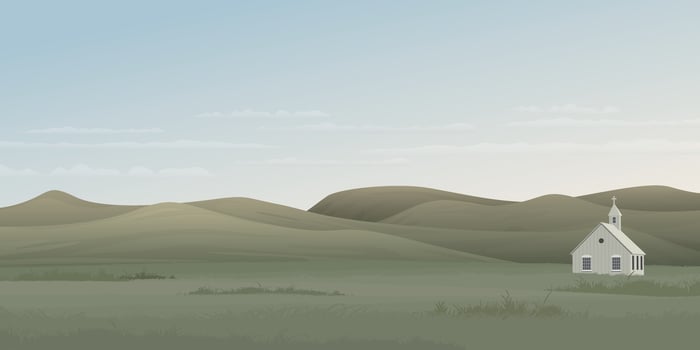 Minimalist landscape grass field and mountain ranges with old church graphic illustration have blank space. vector
