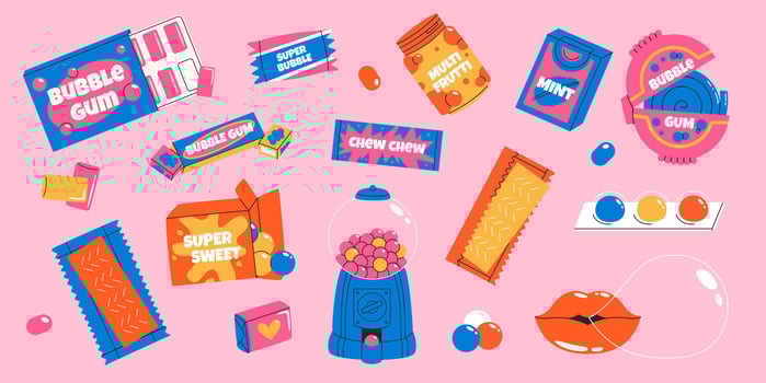Colorful Bubble gum set. Vibrant Bubble gum chewing candy. Sugar desserts. Flat illustration isolated on pink background. vector