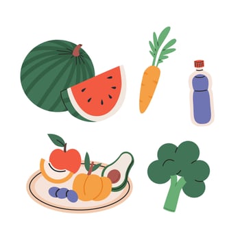 Healthy food. Eat fruits and vegetables, drink water. Flat illustration isolated on white background. vector