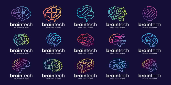 Set of abstract circuit lines dot brain tech logotypes collections. Logo for science innovation, machine learning, perfect brand for business technology. vector