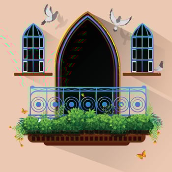 Balcony gallery grill with green leaf, flowers vector