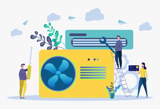 Air conditioning and cooling services, installation and repair of air conditioners, the best specialists. Colorful illustration vector