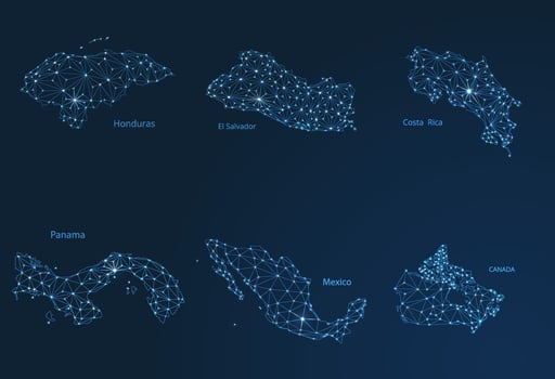 Map of communication networks of 6 countries in North America. A image of a poly global map with lights in the form of cities or a population density consisting of points and shapes in the form vector