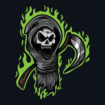 colored scary grim reaper with flame background modern logo cartoon coloring vintage classic illustration style vector