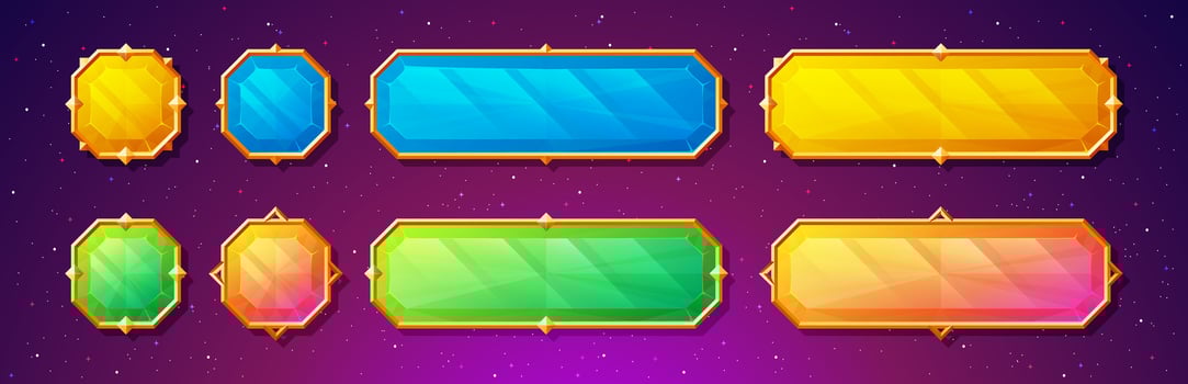 Gemstone buttons with fancy gold frames for games. Cute, colorful crystal banners with gold medieval borders for your user interface. vector