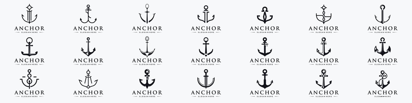 Set Bundle of Anchor logos inspiration. Ship Yacht Luxury,ocean sailing boat symbol Illustration, perfect for company of branding. vector