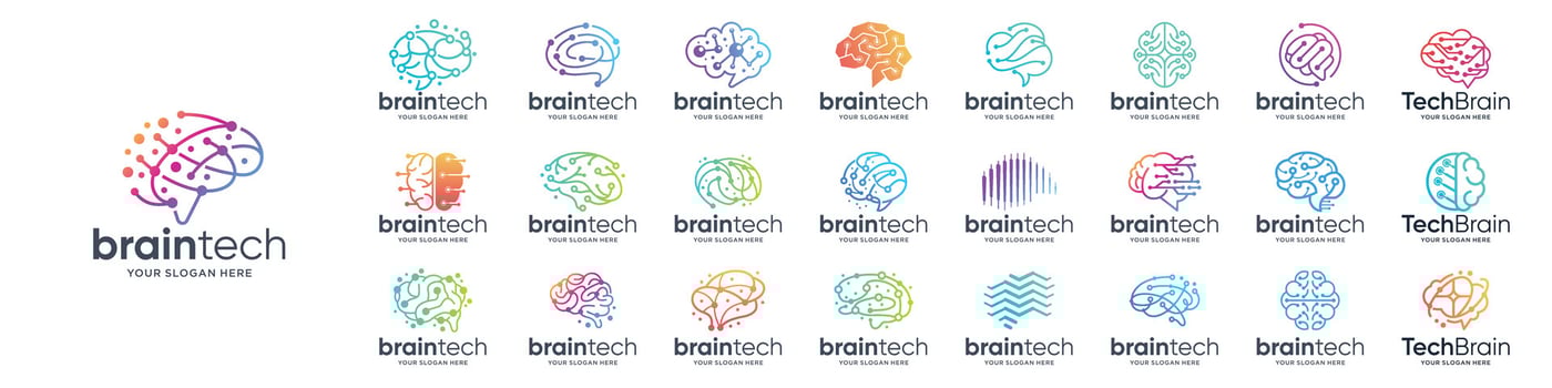 Set of abstract circuit lines dot brain tech logotypes collections. Logo for science innovation, machine learning, perfect brand for business technology. vector