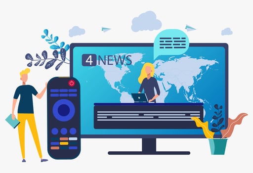 Press, media, news studio. Journalists, reporters telling hot news. Hot online information, breaking news, news headline content concept. Colorful illustration vector