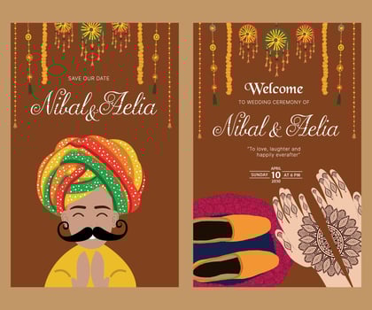 hindu wedding card design containing rajisthani man, groom shoes, mehndi hands and marriage decoration for mehndi and haldi ceremony vector