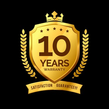 label 10 years warranty protective icon badge . design the shape of a golden shield with a king's crown. illustration eps 10 vector