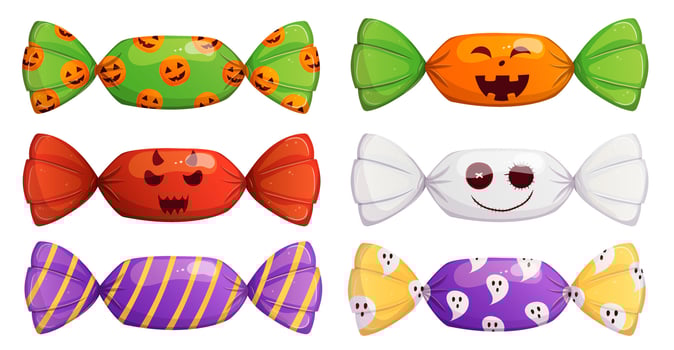 Halloween sweet spooky candy set. Trick or treat party poster design element isolated on white. vector
