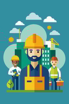 Construction workers in front of a building under construction vector