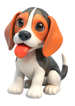 3d render style, grey and orange Beagle Puppy is waiting for food happily isolated on transparent background png
