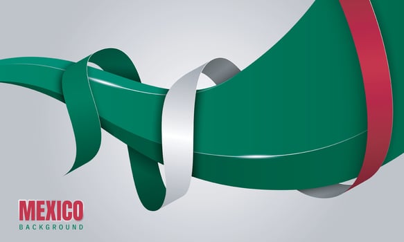 Mexico background design with flying big 3d green shape and wrapped with green white and red ribbon. Good template for mexico national day or independence day vector