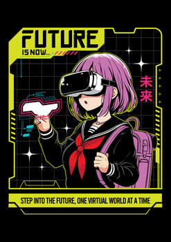 Anime girl poster in manga style. Tokyo Japan anime girl with concept of virtual reality,retro,futurism,futuristic,cyberpunk. Japanese y2k illustration. Kanji translation is Future vector