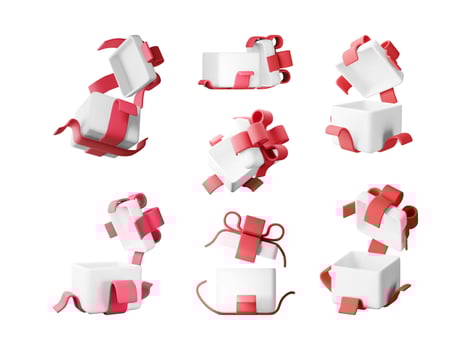 3D open gift box set isolated. Render collection of colorful box. Christmas, new year, sale, shopping. Present box with bows ribbons. Giftbox for valentine, birthday, holiday. vector