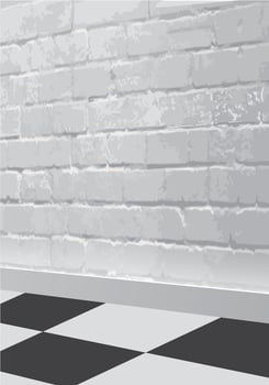 Room with white brick wall with black and white floor like chessboard vector