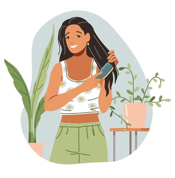 Hispanic woman doing hairstyle with hair straightener flat color illustration. Lady using device for hairdo at home concept icon on white vector